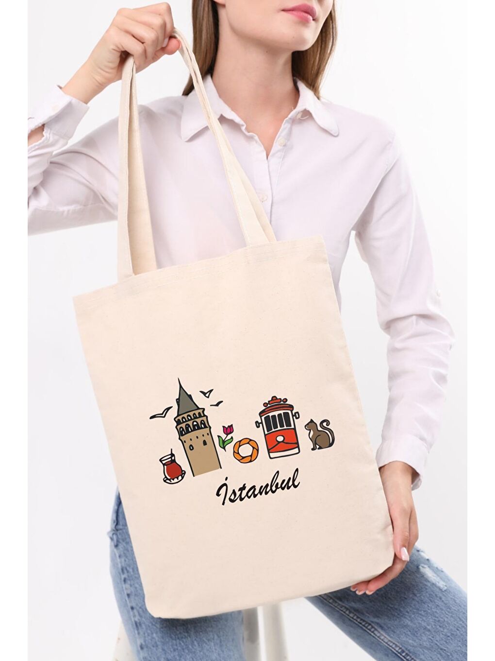 Ekru Kanvas İstanbul Galata Çay Baskılı Bez Çanta-3