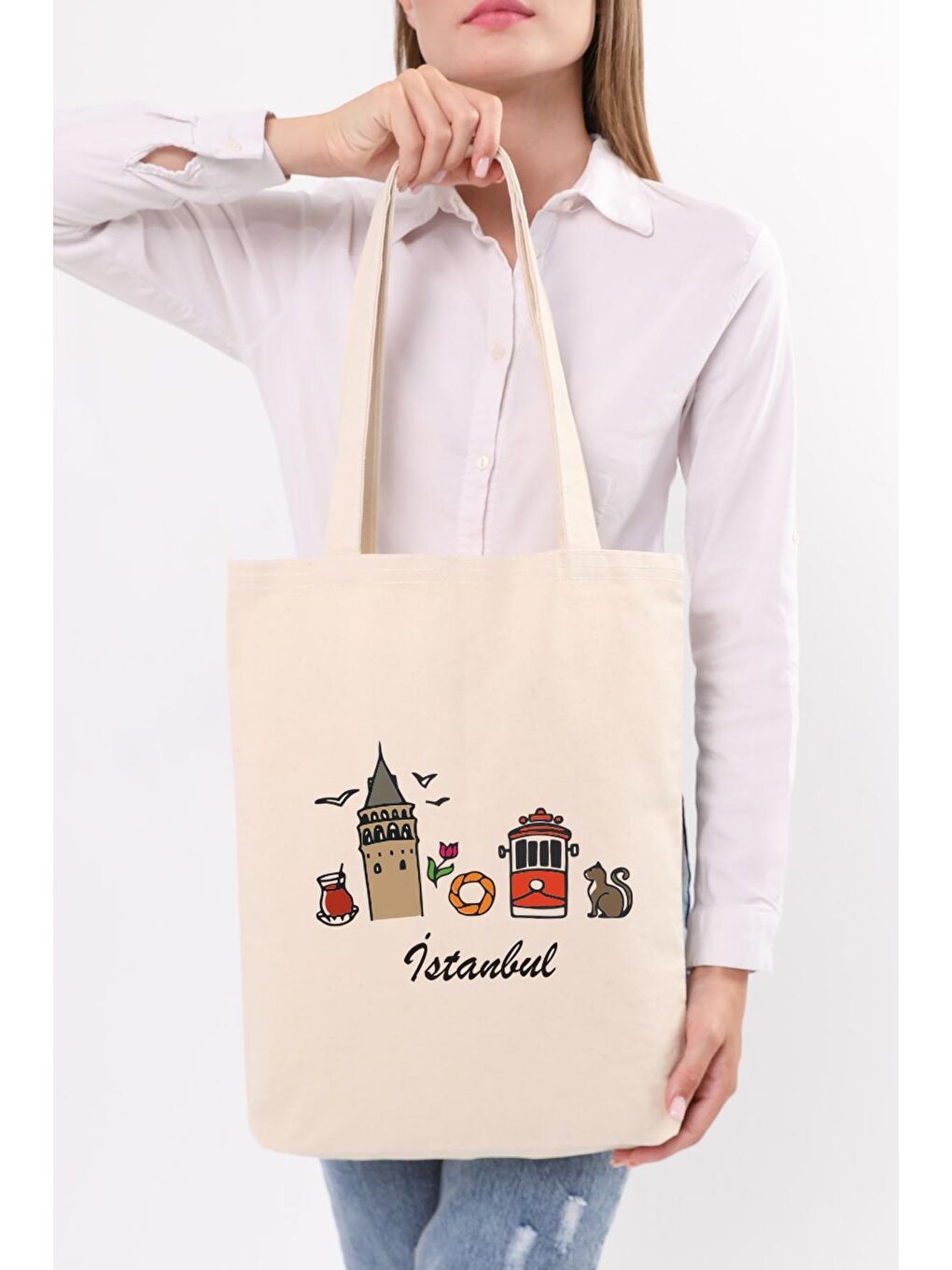 Ekru Kanvas İstanbul Galata Çay Baskılı Bez Çanta-4