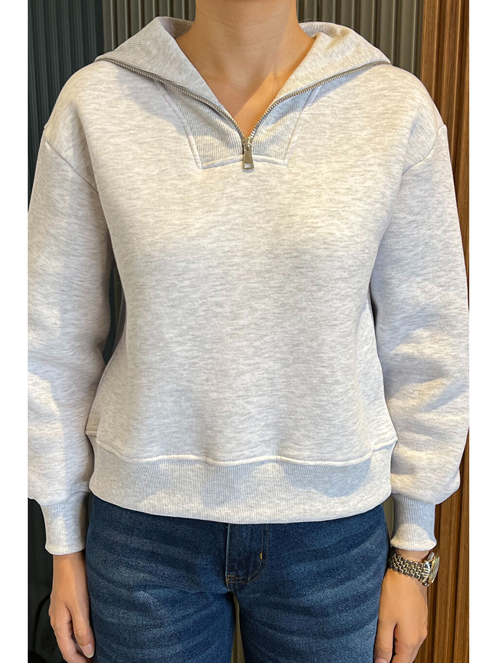 GÜLSELİ Gri Üç İplik Şardonlu Yarım Fermuarlı Kadın Sweatshirt - 3