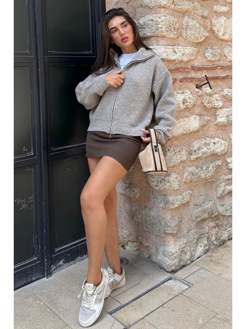 Bej Vizon Çift Fermuarlı Kadın Triko Hırka Mg2532-6