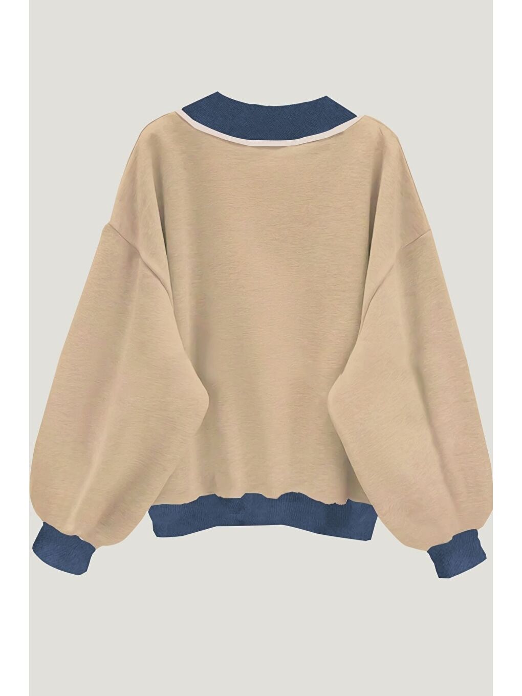 Bej Kadın Vizon Düz V Yaka Oversize Sweatshirt-1