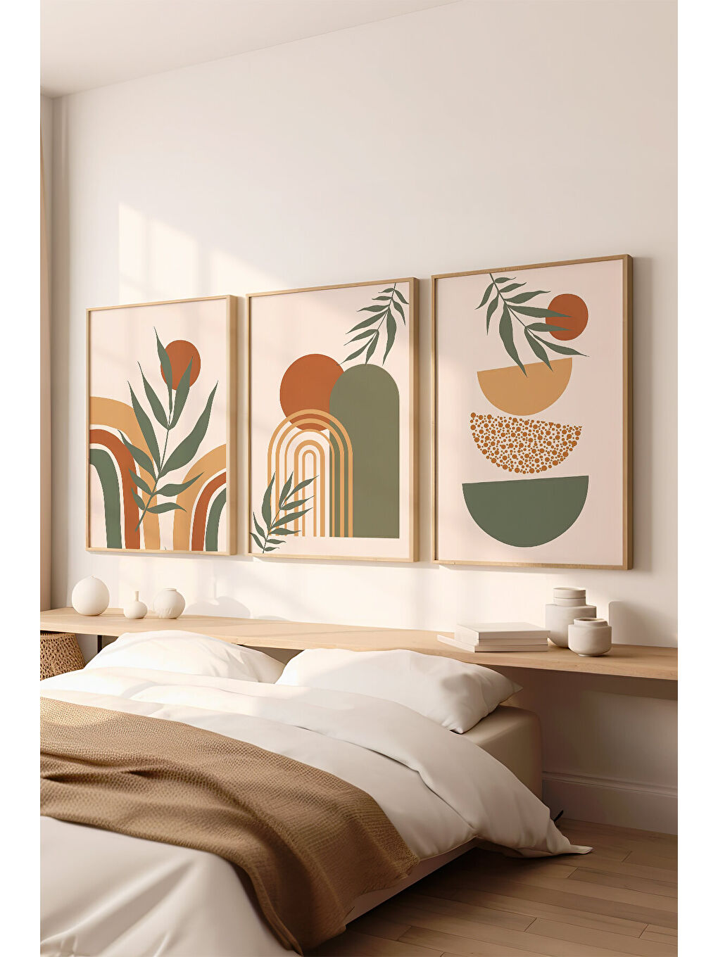 Beyaz 3 Parça Ham Renk Gerçek Ahşap Çerçeveli Tablo Seti - Model 5 - 33 x 48