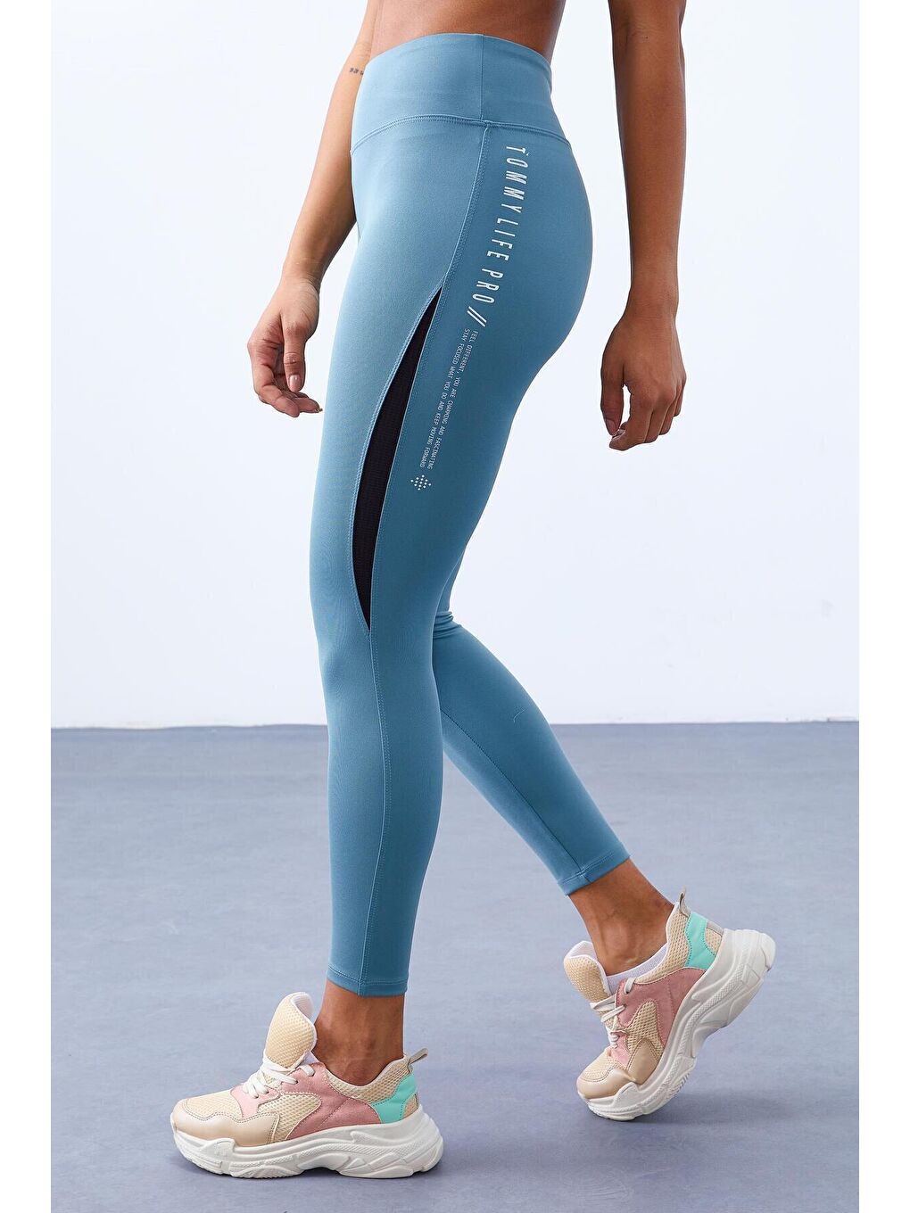 Mint Yeşili Yarım Şerit Detaylı Yüksek Bel Slim Fit Kadın Tayt  - 94609-1