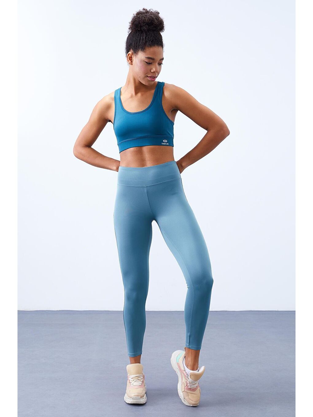 Mint Yeşili Yarım Şerit Detaylı Yüksek Bel Slim Fit Kadın Tayt  - 94609-2