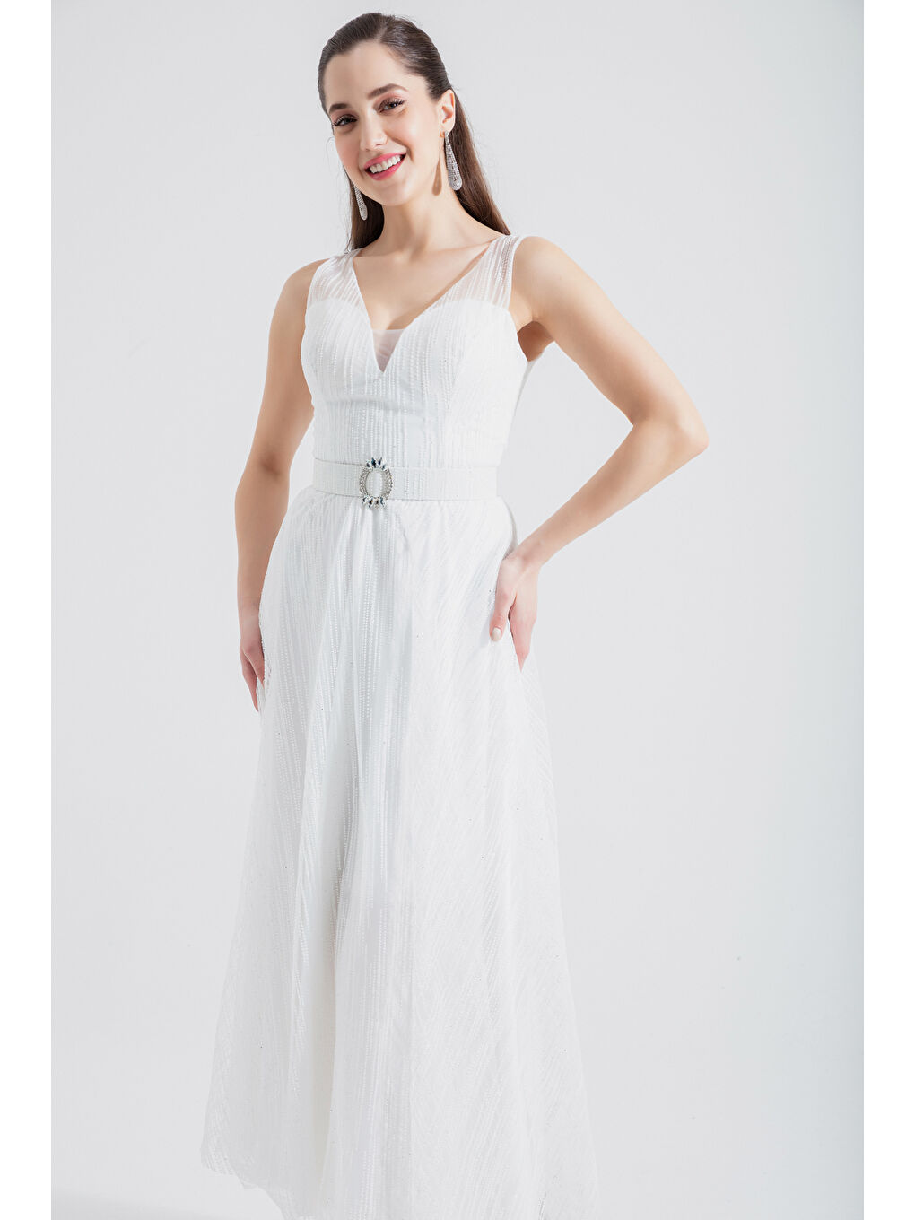 Kadın Beyaz V Yaka Simli Midi Abiye Elbise-1