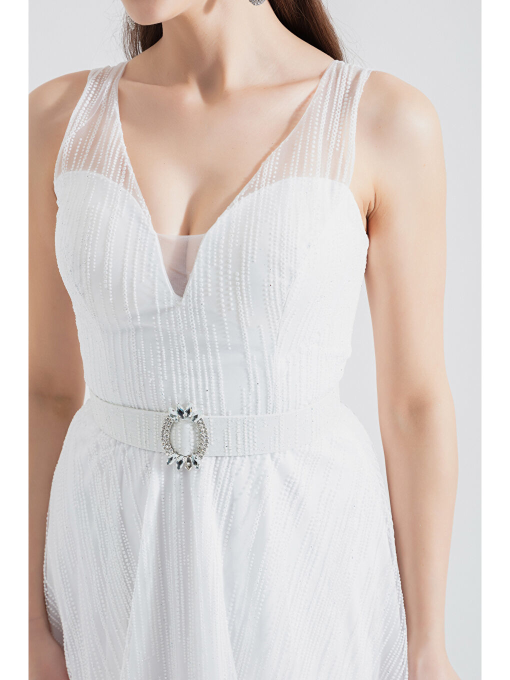 Kadın Beyaz V Yaka Simli Midi Abiye Elbise-2