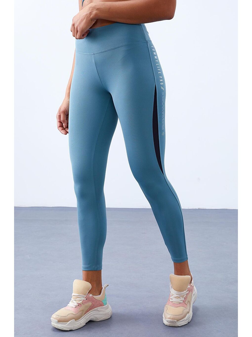 Mint Yeşili Yarım Şerit Detaylı Yüksek Bel Slim Fit Kadın Tayt  - 94609-3