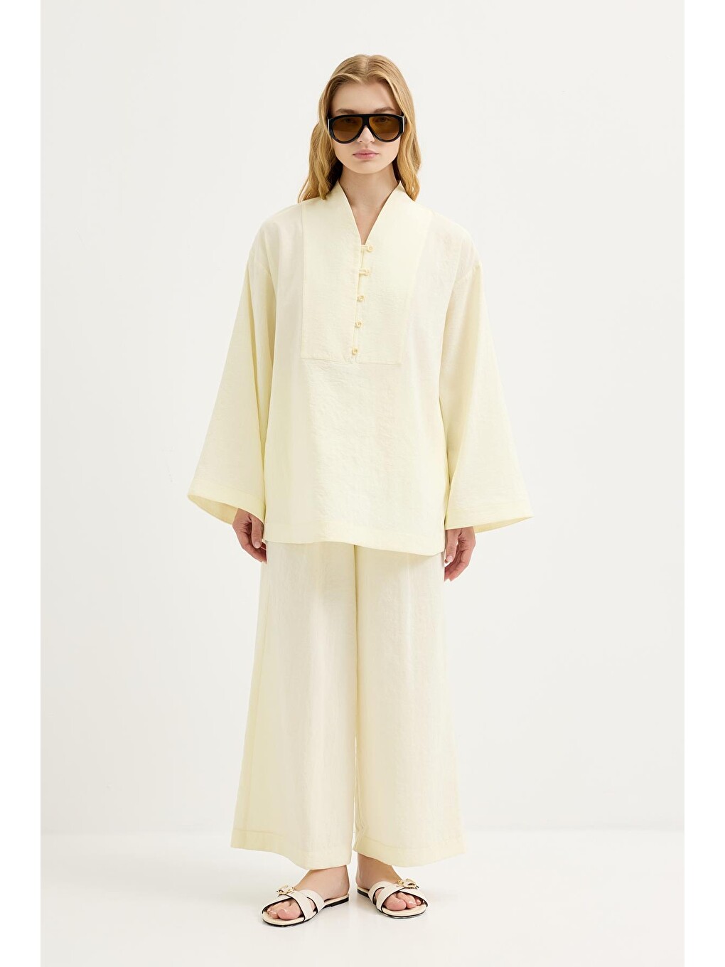 Britli Oversize Tunik Pantolon Takım Sarı