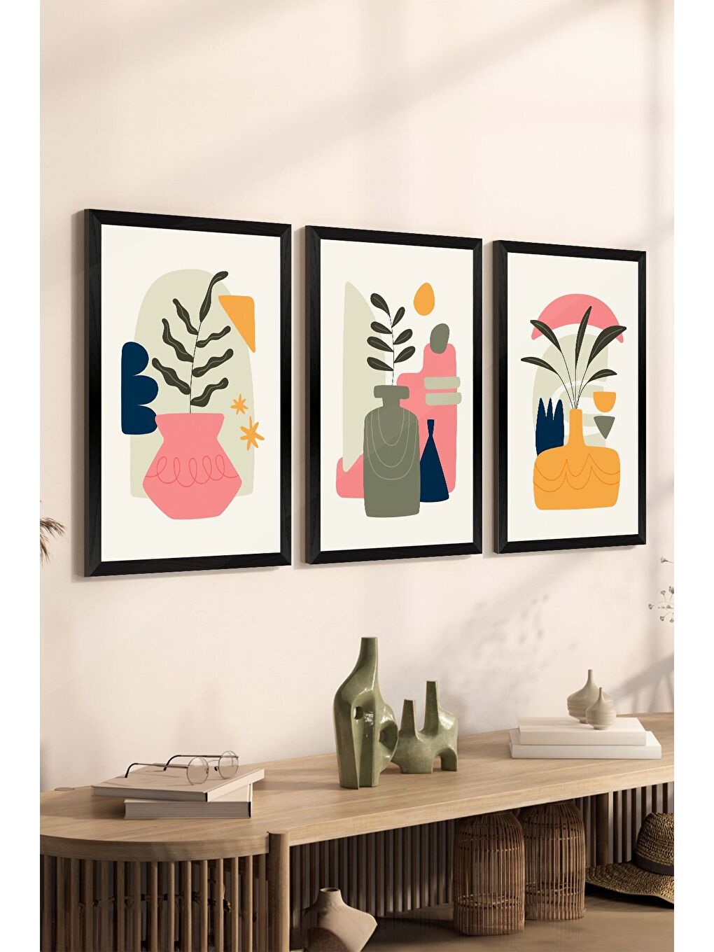 Beyaz 3 Parça Siyah Çerçeve Görünümlü Mdf Tablo Seti - Set 21 - 3SYHART21-1520