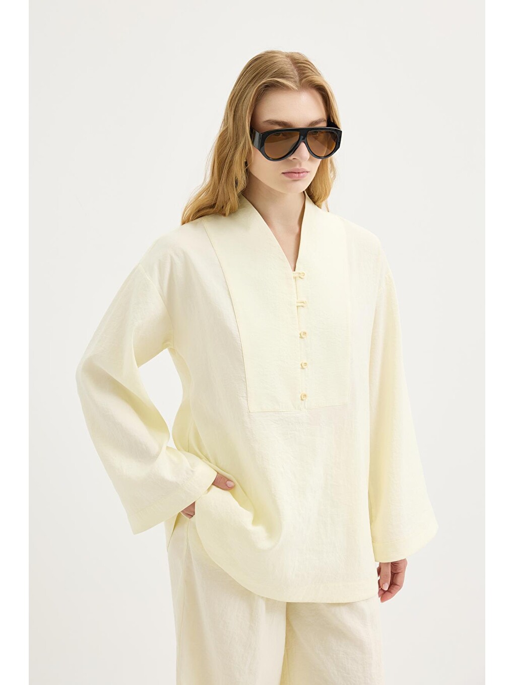 Britli Oversize Tunik Pantolon Takım Sarı-1