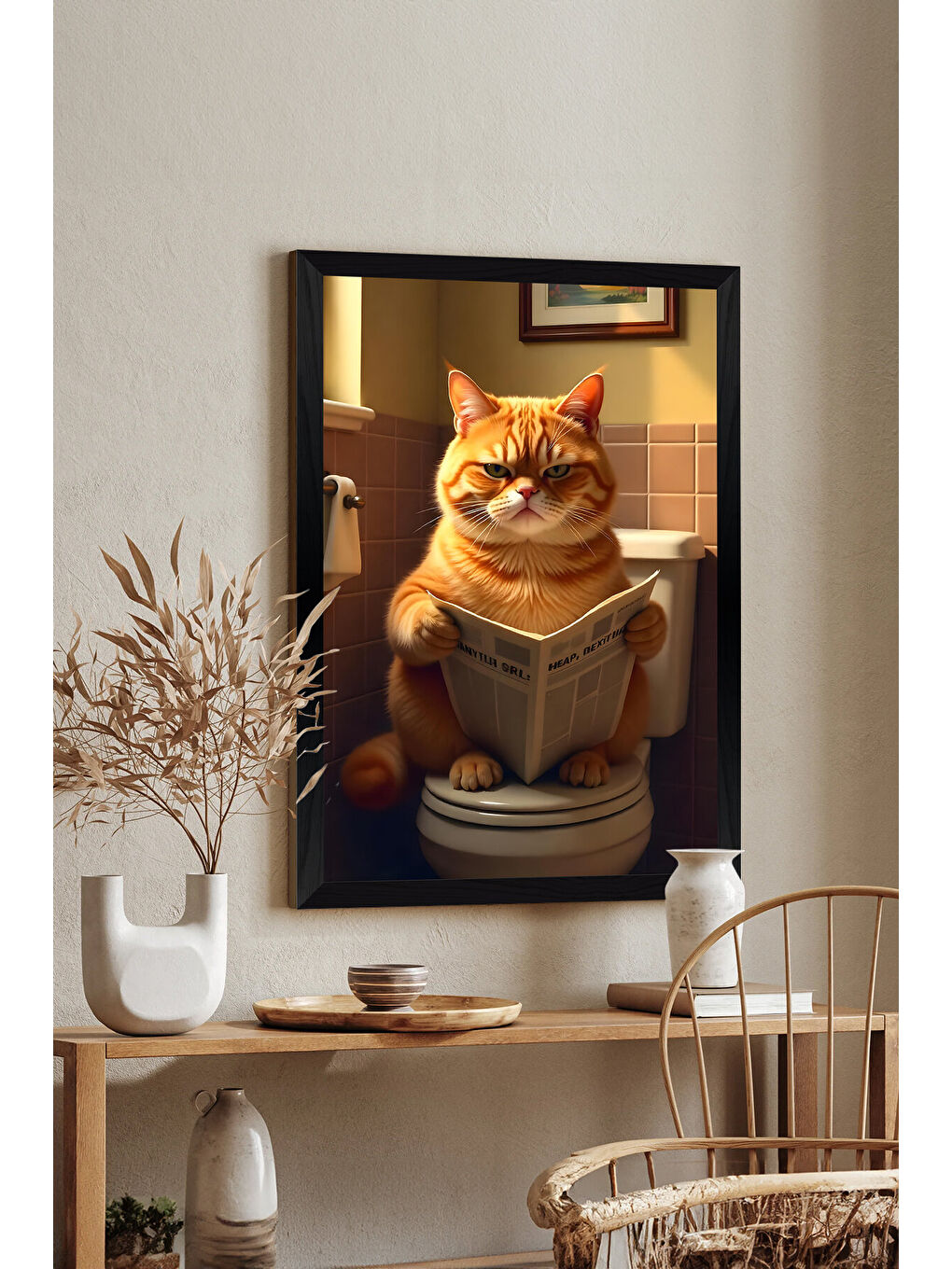 Beyaz Tek Parça Siyah Çerçeve Görünümlü Kedi Baskılı MDF 48x33 cm Tablo - Model 15