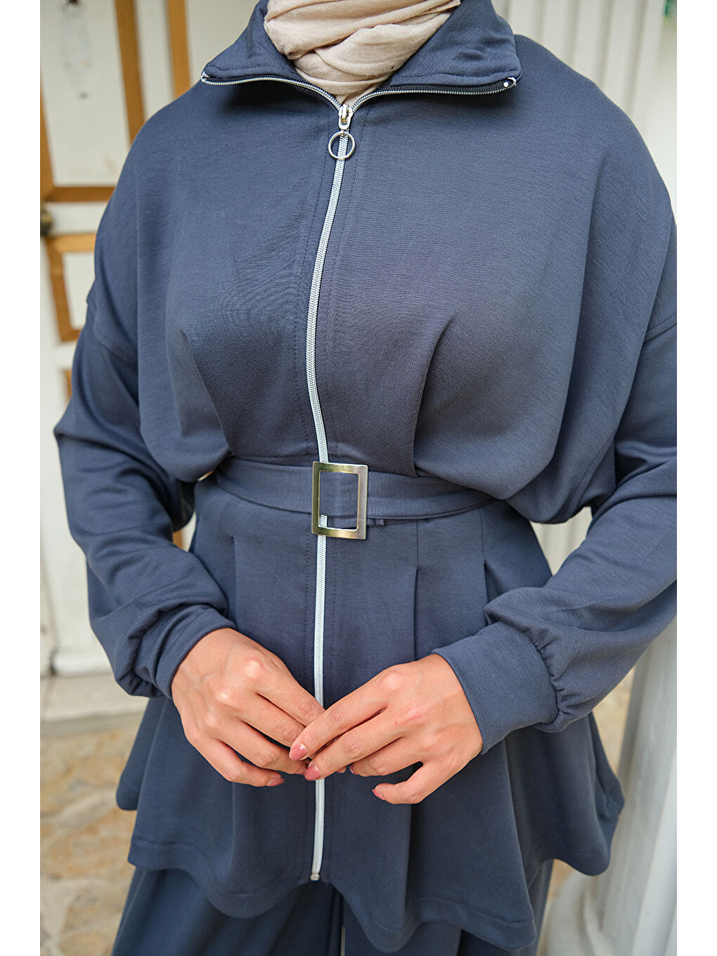 Gri Kadın Beli Pile Detaylı Takım Füme-4