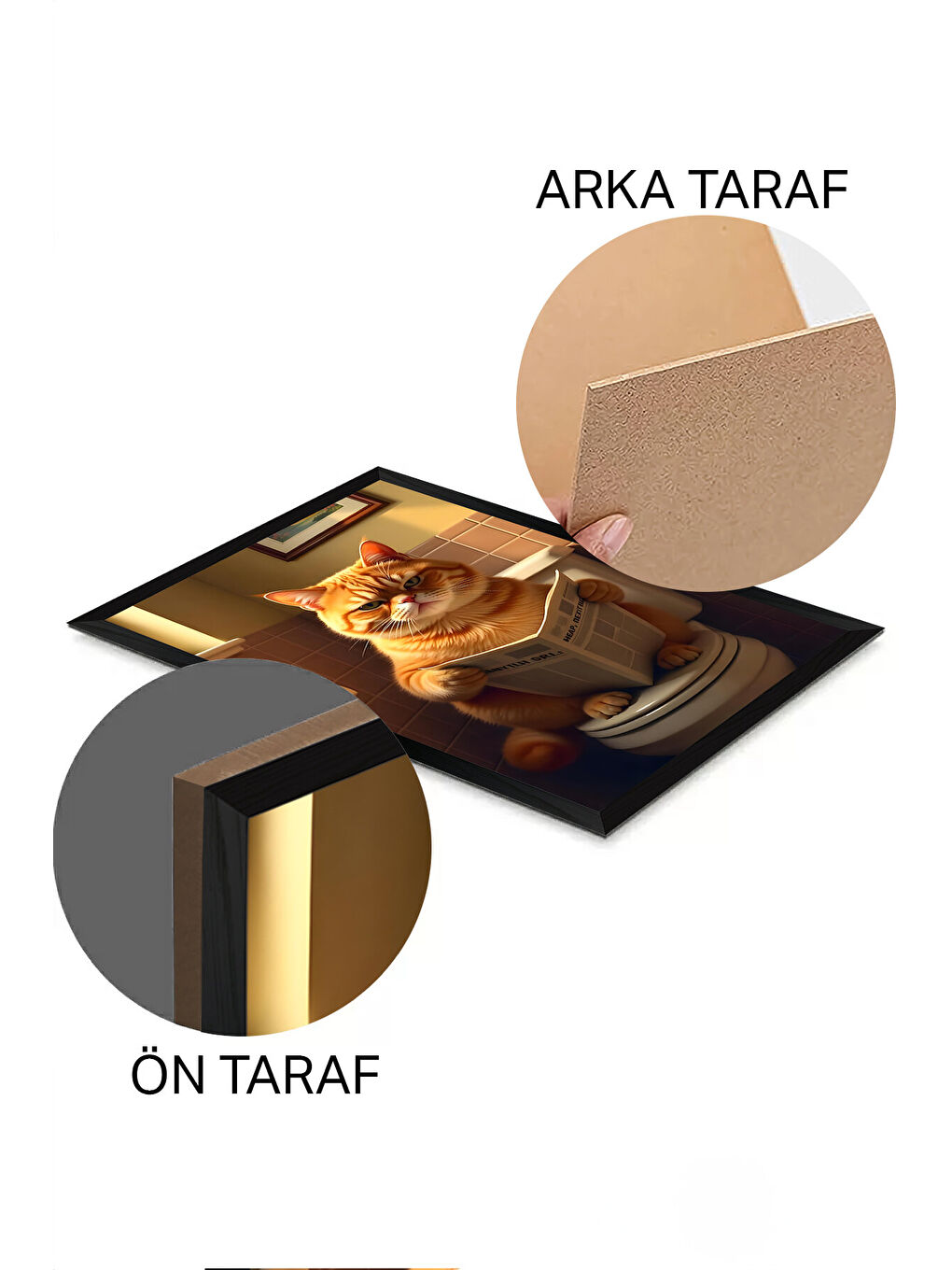 Beyaz Tek Parça Siyah Çerçeve Görünümlü Kedi Baskılı MDF 48x33 cm Tablo - Model 15-1