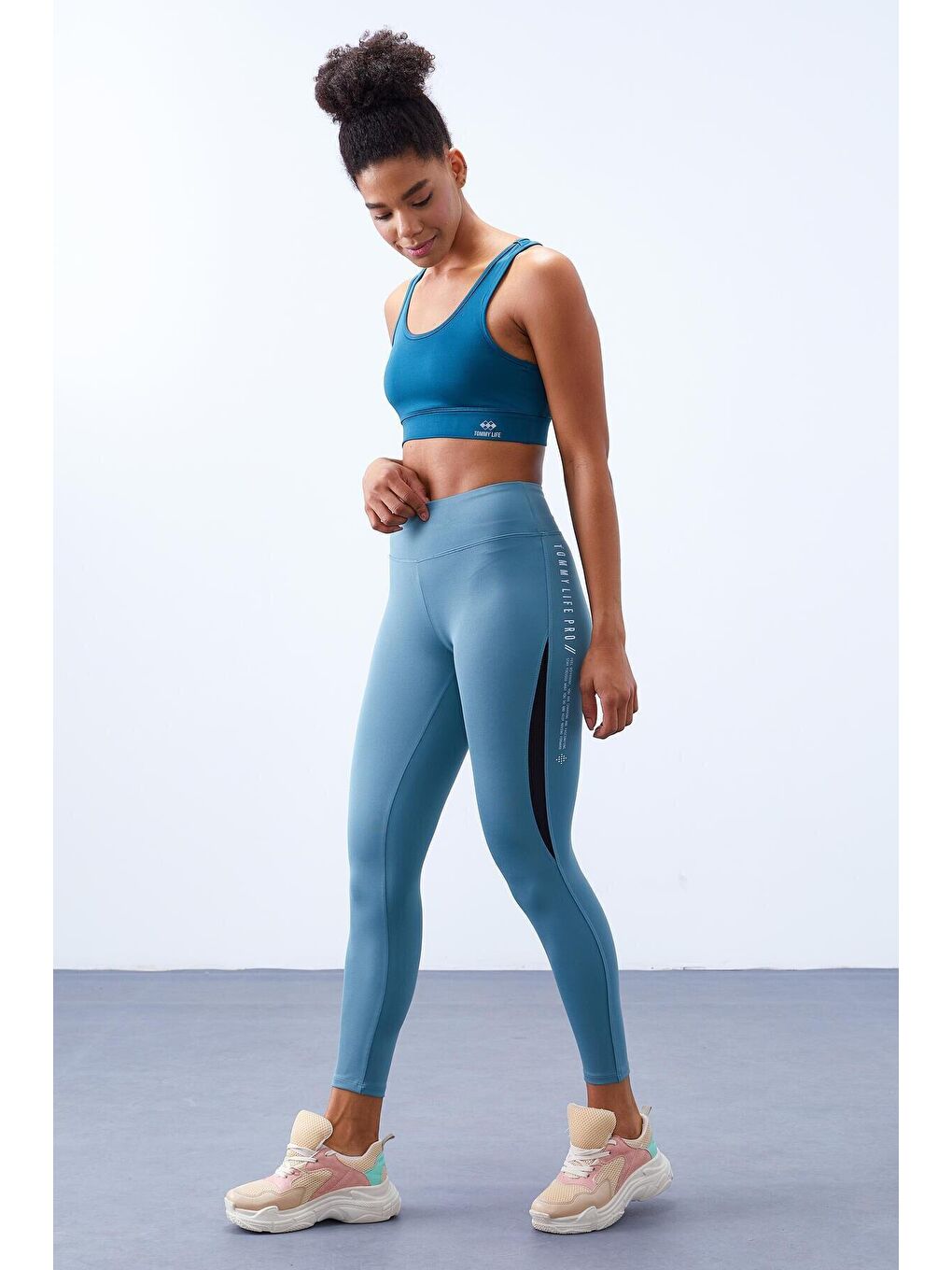 Mint Yeşili Yarım Şerit Detaylı Yüksek Bel Slim Fit Kadın Tayt  - 94609-4