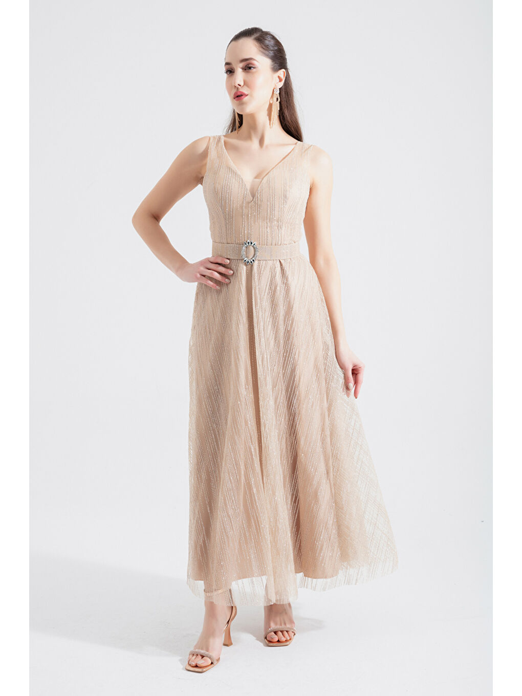 Kadın Bej V Yaka Simli Midi Abiye Elbise-1