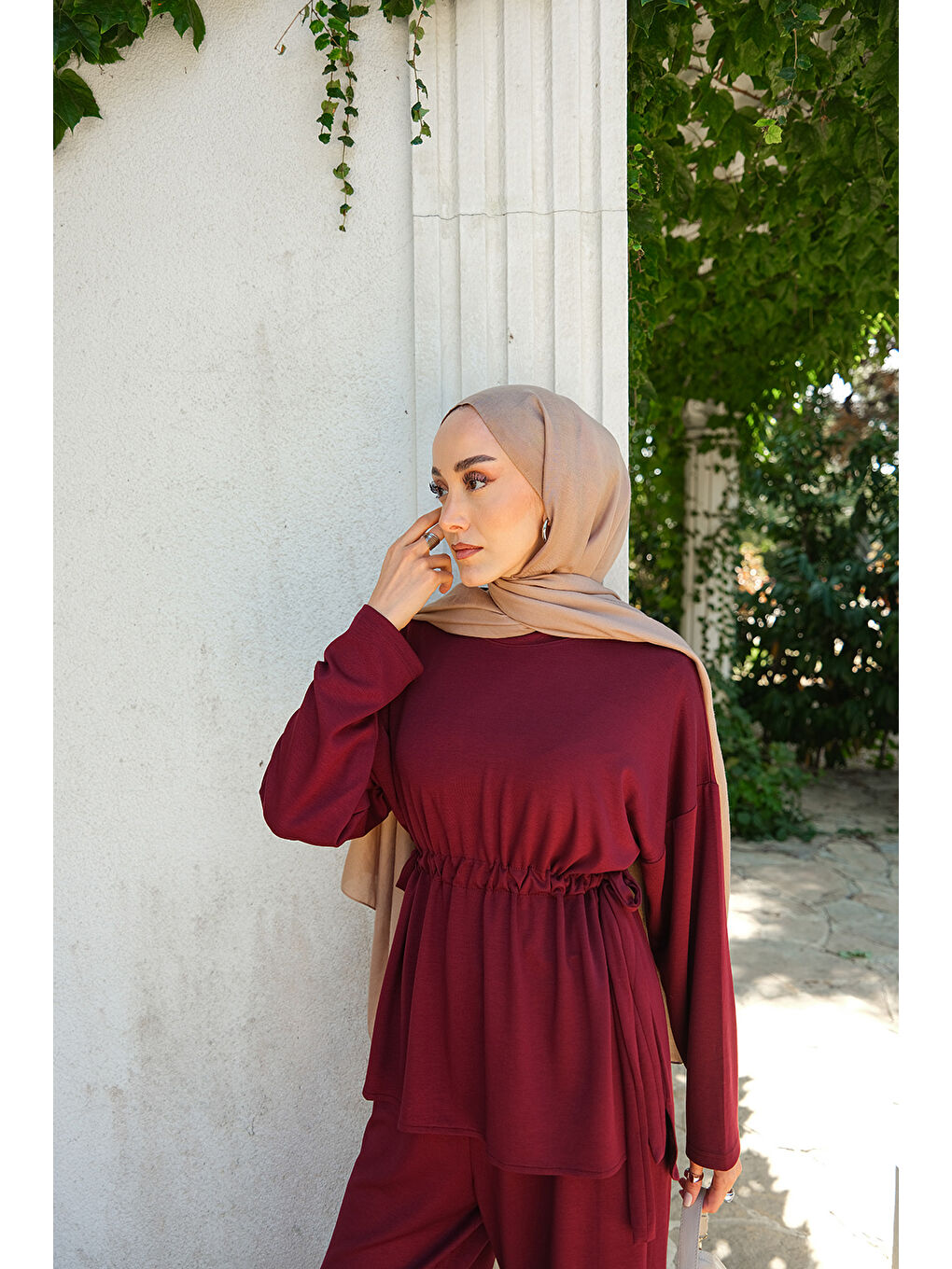 Kadın Bel Bağlama Detay İkili Takım Bordo-1