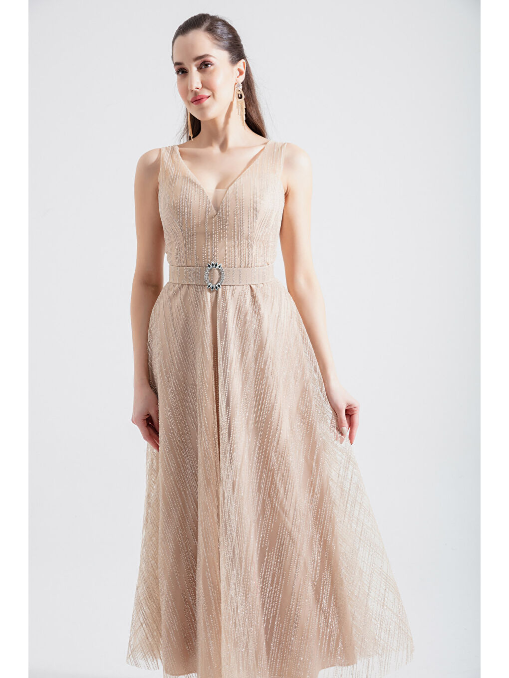 Kadın Bej V Yaka Simli Midi Abiye Elbise-2