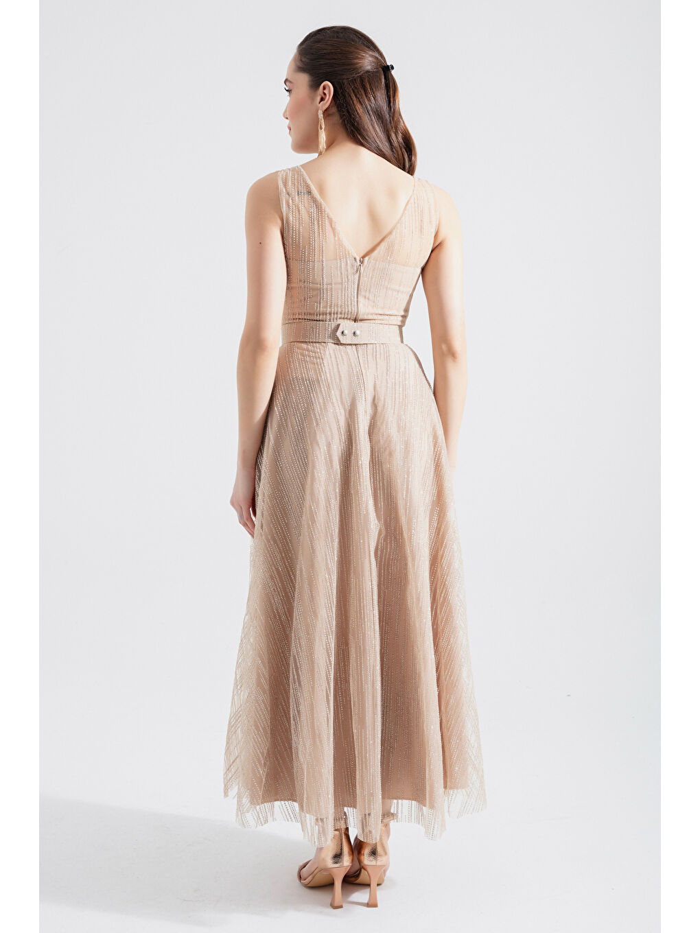 Kadın Bej V Yaka Simli Midi Abiye Elbise-4