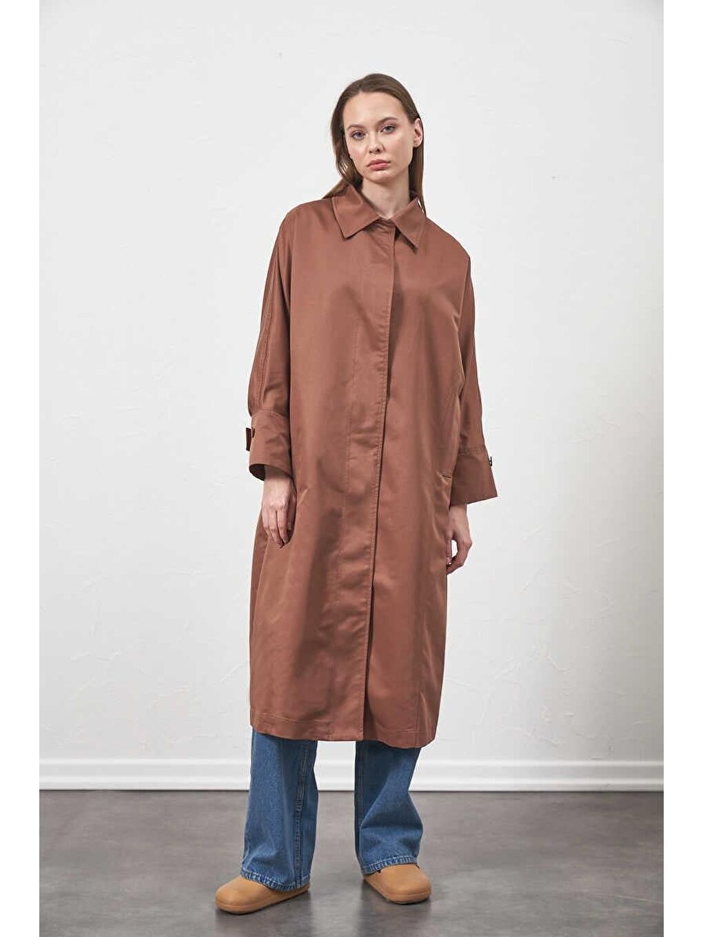 Karışık Oversize Trenchcoat Ceket Kahve-5