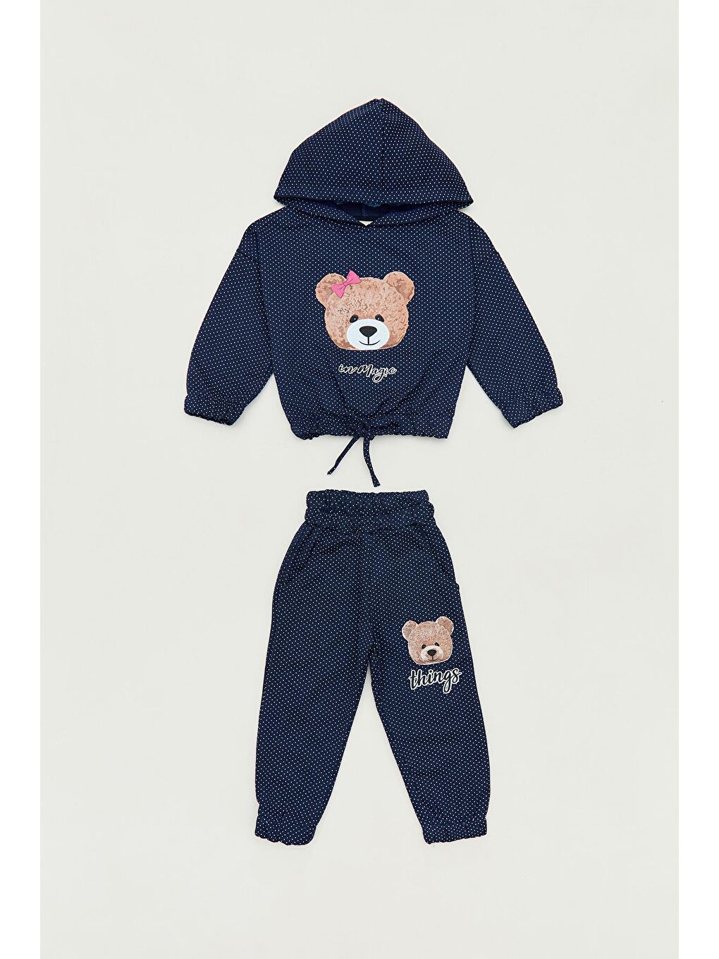 Lacivert Ayıcık Baskılı Kapüşonlu Kız Çocuk Eşofman Takımı