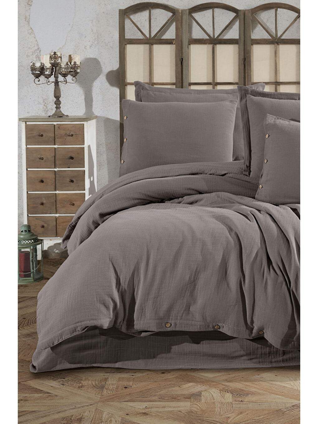 Antrasit %100 Pamuk Müslin Çift Kişilik Nevresim Takımı – Doğal ve Nefes Alabilen