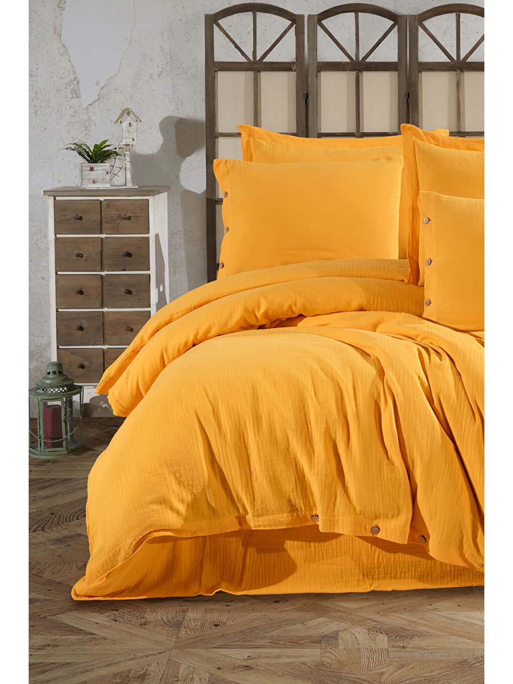 Sarı %100 Pamuk Müslin Çift Kişilik Nevresim Takımı – Doğal ve Nefes Alabilen