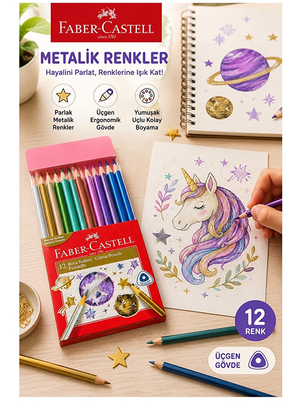 12 Li Kuru Boya Kalemi Metalik Renk 1 Paket Faber Castell 12 Renk Kuruboya Tam Boy