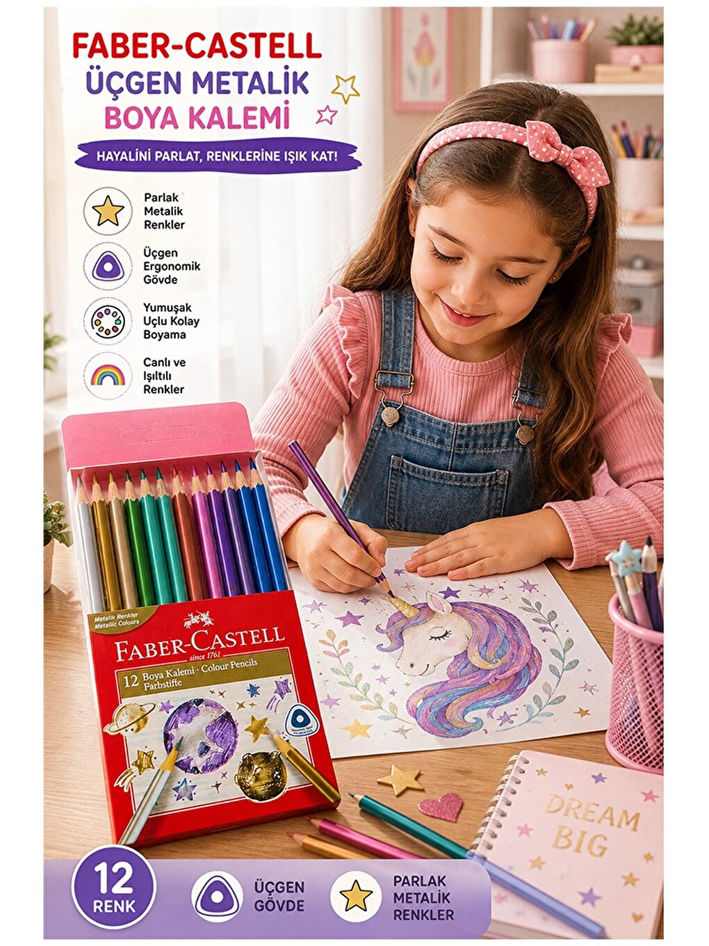 12 Li Kuru Boya Kalemi Metalik Renk 1 Paket Faber Castell 12 Renk Kuruboya Tam Boy-1