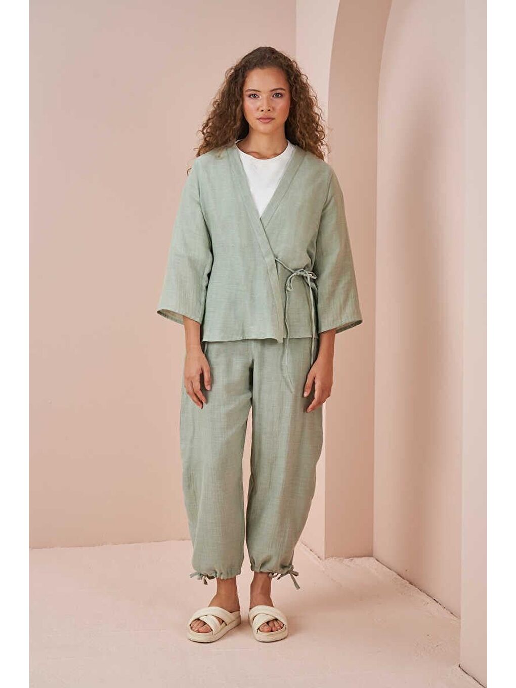 Turkuaz Kruvaze Kimono Müslin Bluz Yeşil