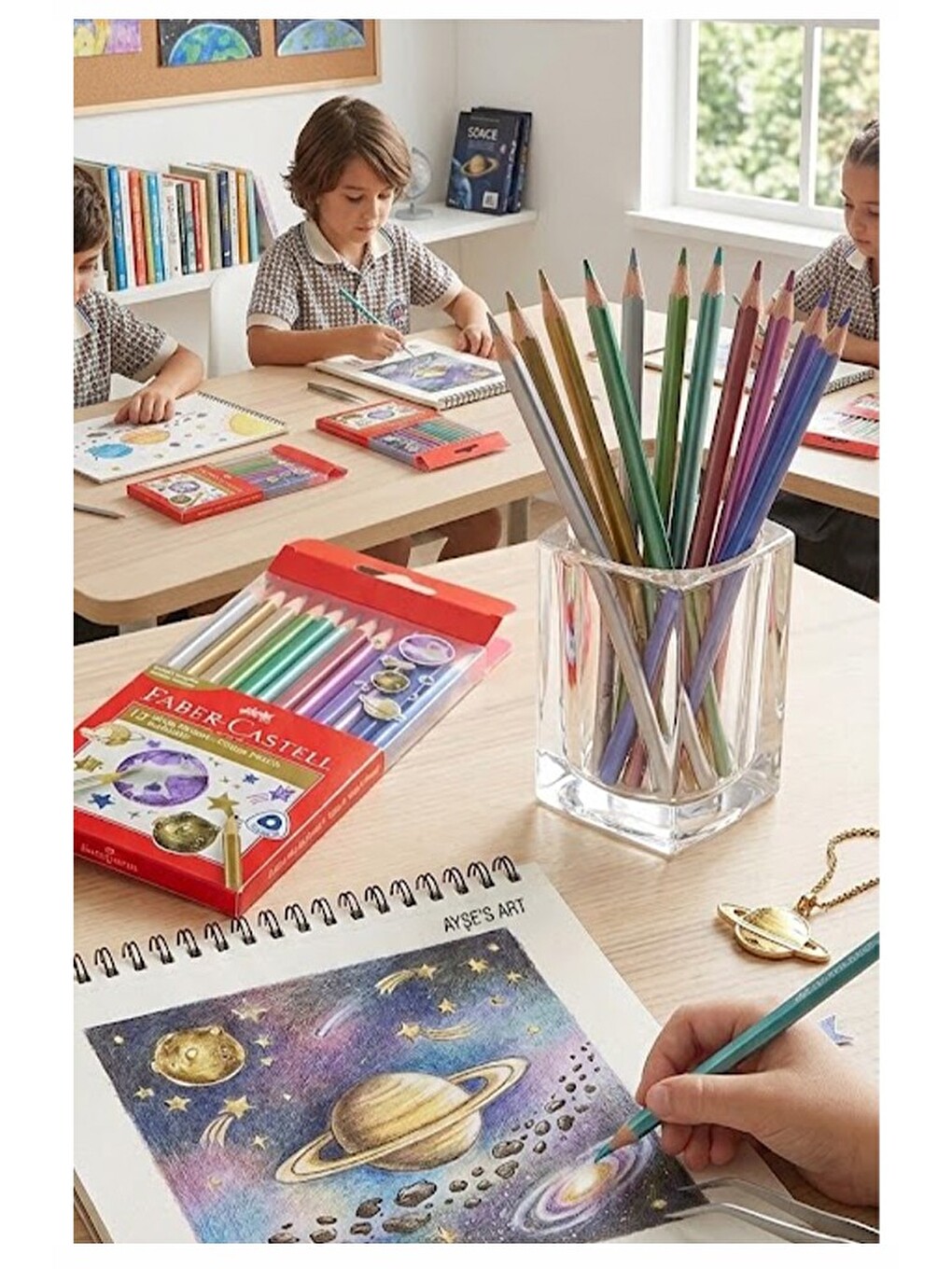 12 Li Kuru Boya Kalemi Metalik Renk 1 Paket Faber Castell 12 Renk Kuruboya Tam Boy-3