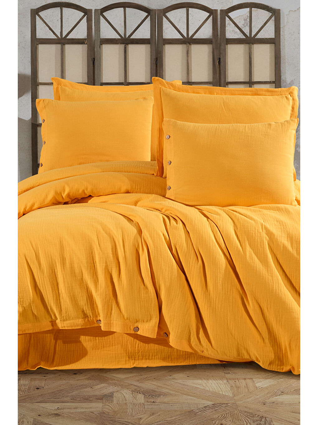 Sarı %100 Pamuk Müslin Çift Kişilik Nevresim Takımı – Doğal ve Nefes Alabilen-1