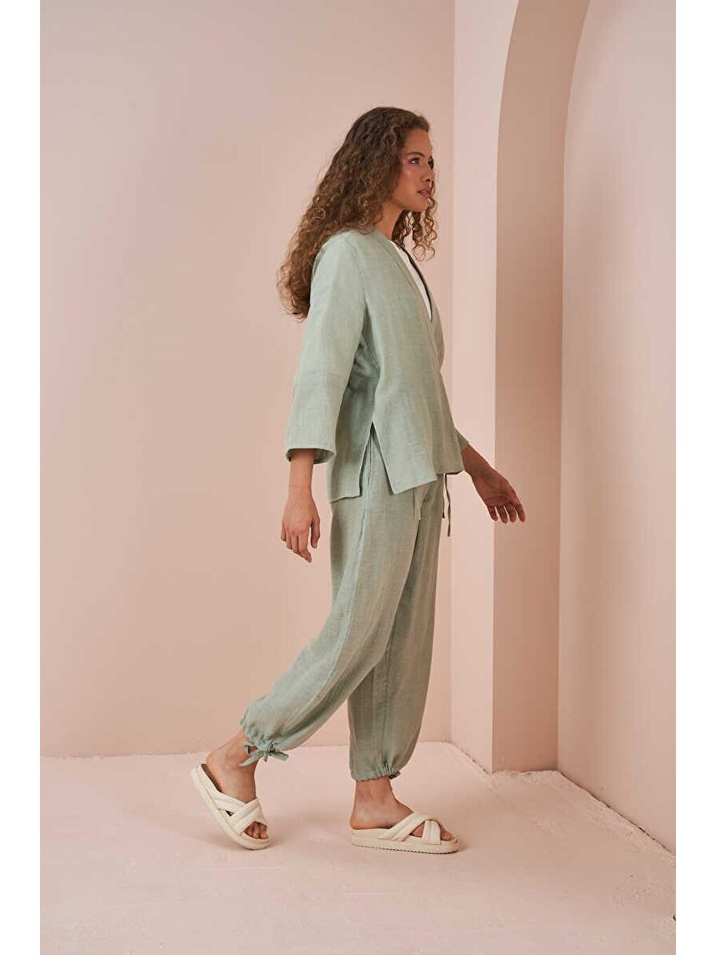 Turkuaz Kruvaze Kimono Müslin Bluz Yeşil-1