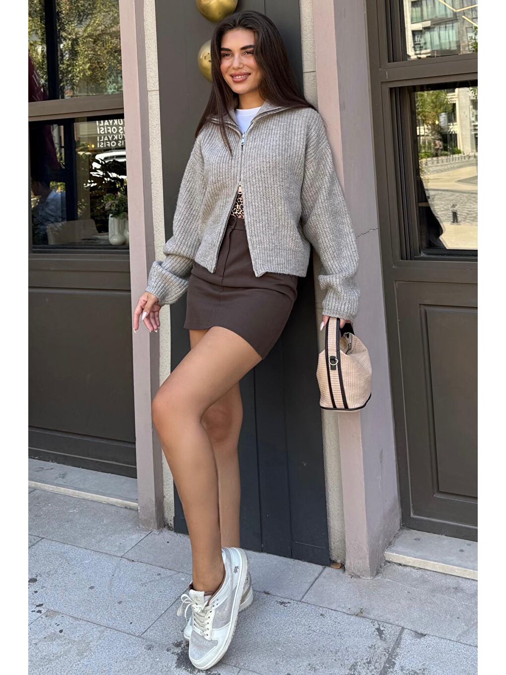 Bej Vizon Çift Fermuarlı Kadın Triko Hırka Mg2532-8