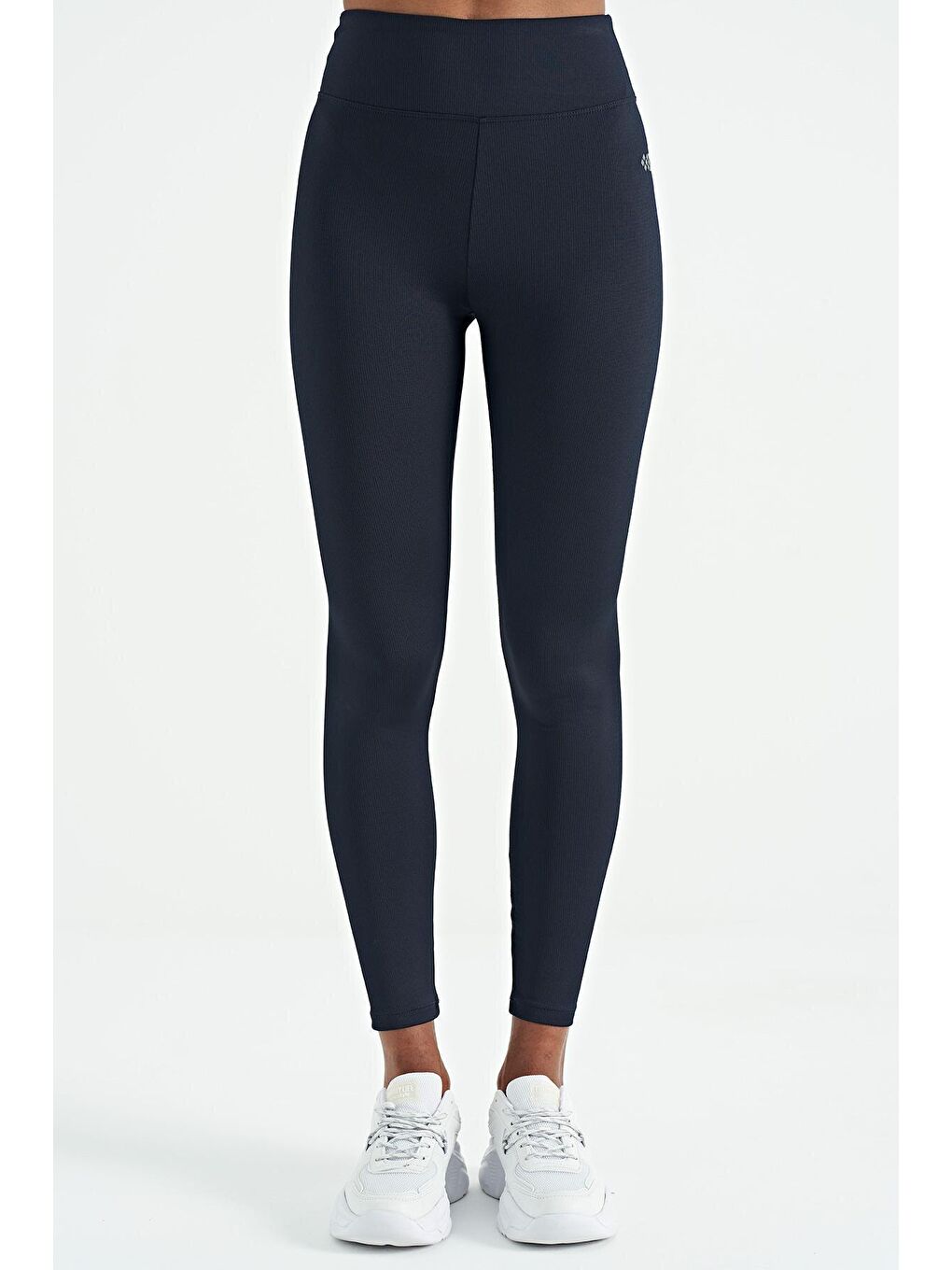 Lacivert Logo Baskılı Fitilli Yüksek Bel Slim Fit Kadın Tayt - 94633