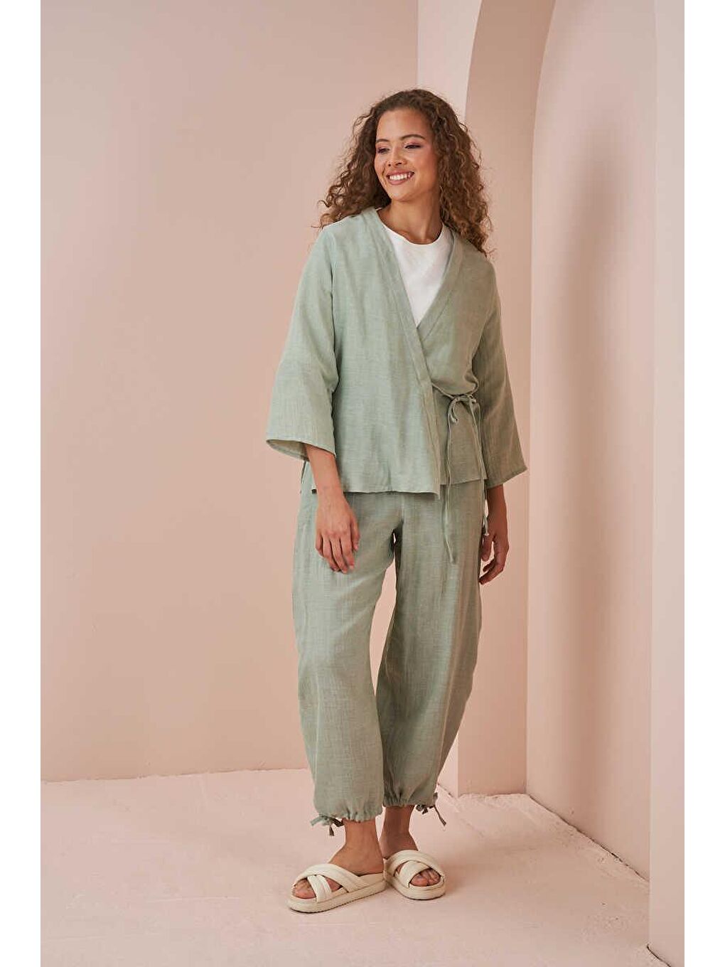 Turkuaz Kruvaze Kimono Müslin Bluz Yeşil-3