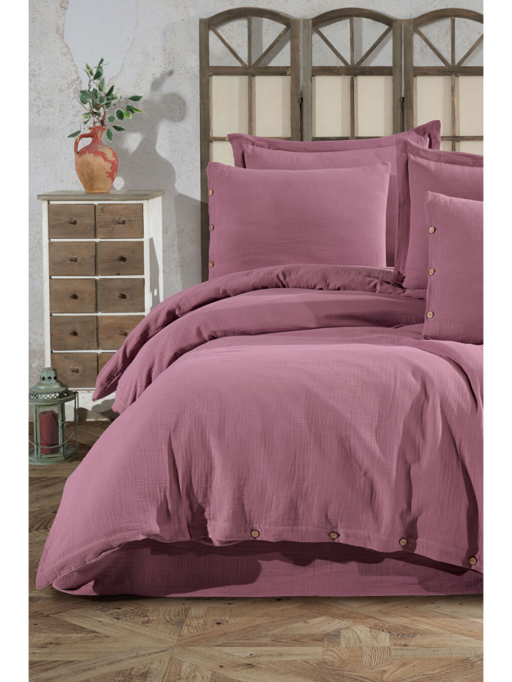 Pembe %100 Pamuk Müslin Çift Kişilik Nevresim Takımı – Doğal ve Nefes Alabilen