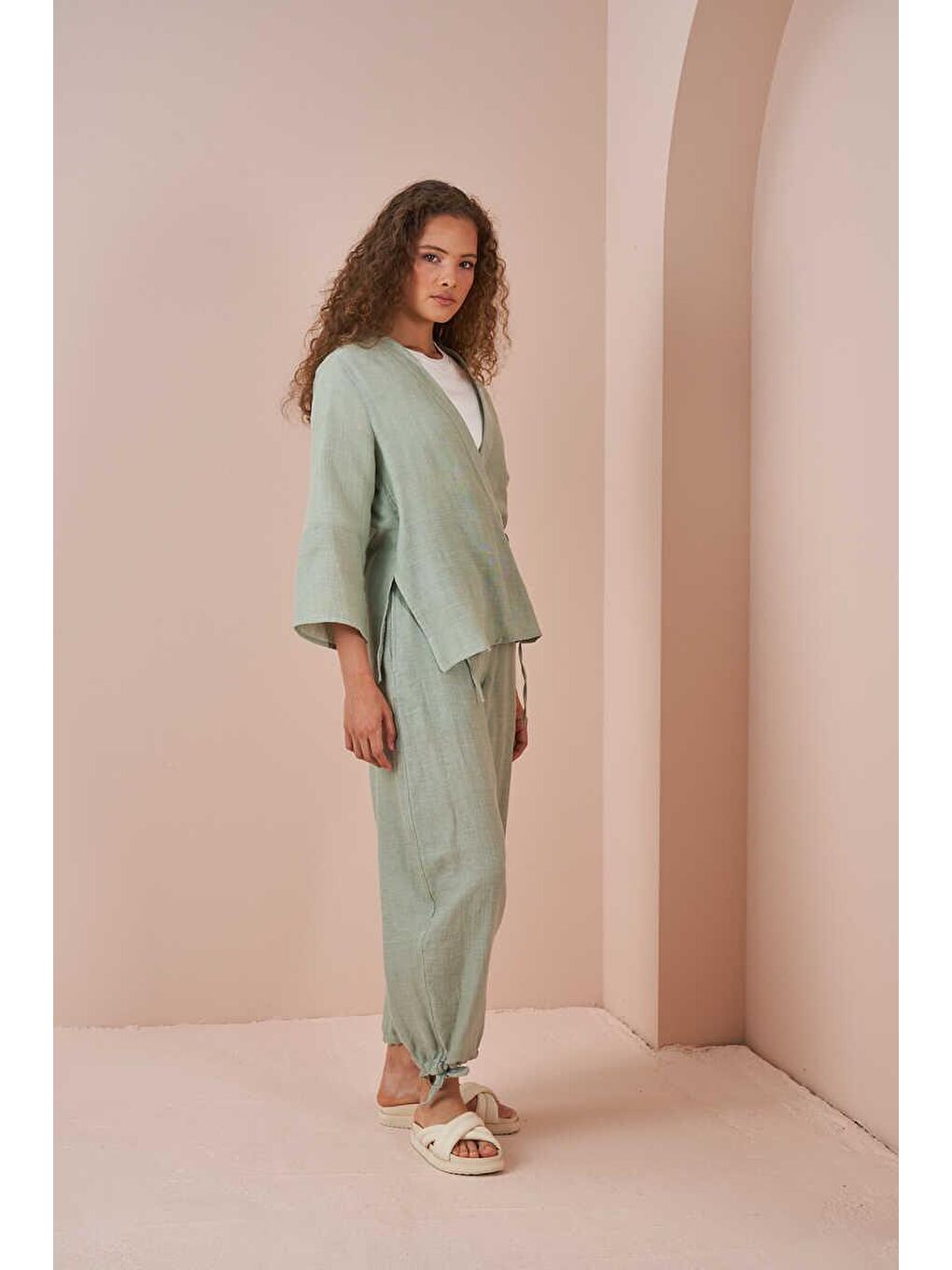 Turkuaz Kruvaze Kimono Müslin Bluz Yeşil-6