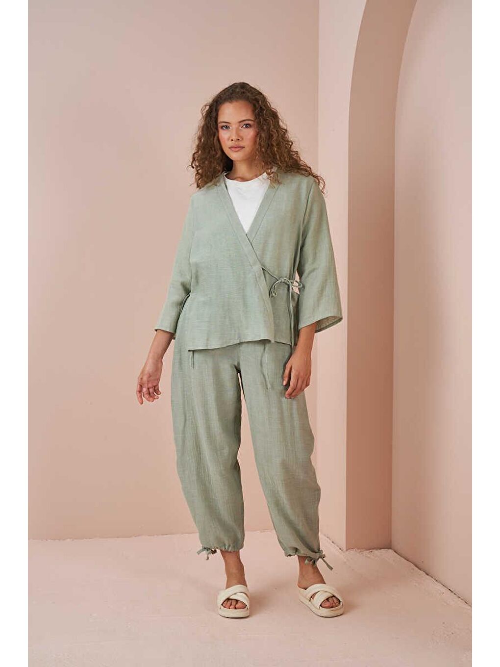 Turkuaz Kruvaze Kimono Müslin Bluz Yeşil-7