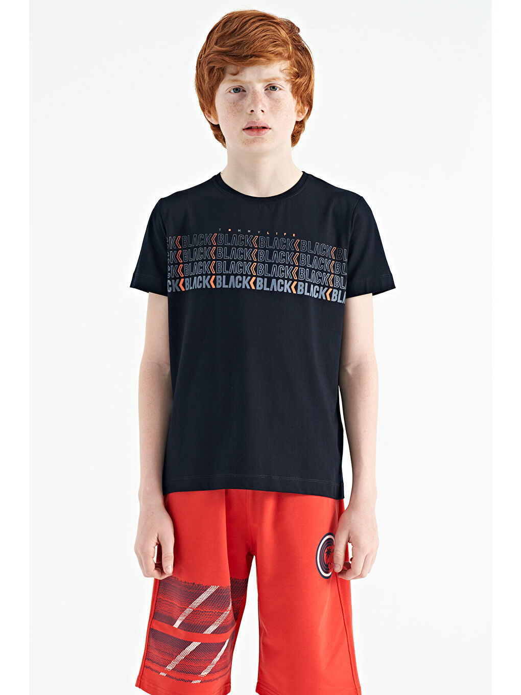 Lacivert Yazı Baskılı O Yaka Standart Kalıp Erkek Çocuk Tişört - 11149