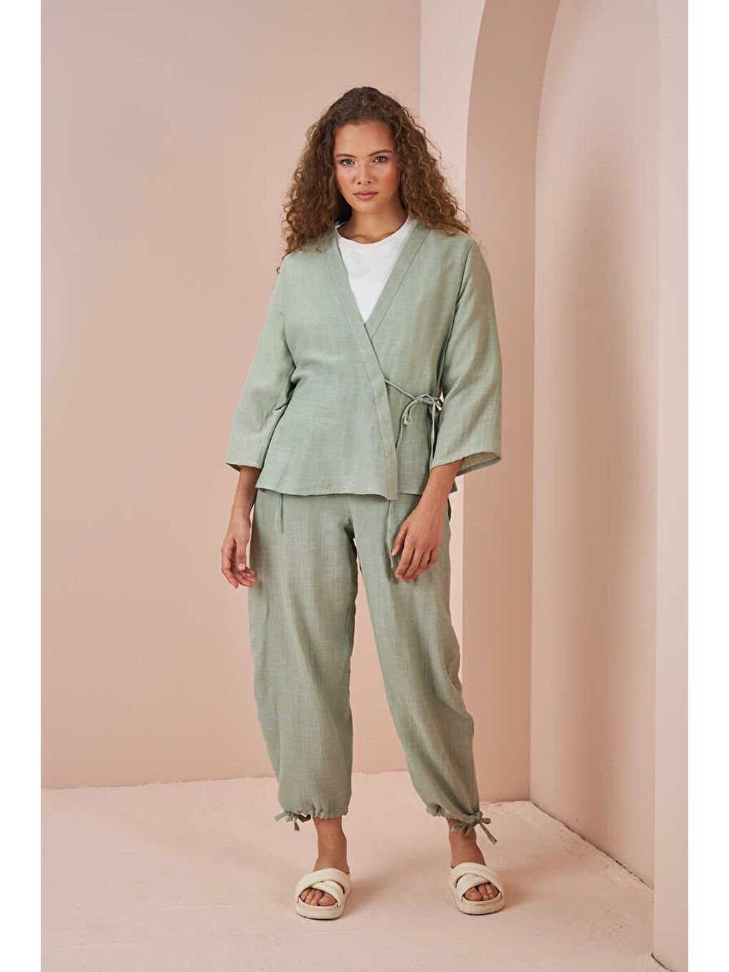 Turkuaz Kruvaze Kimono Müslin Bluz Yeşil-9