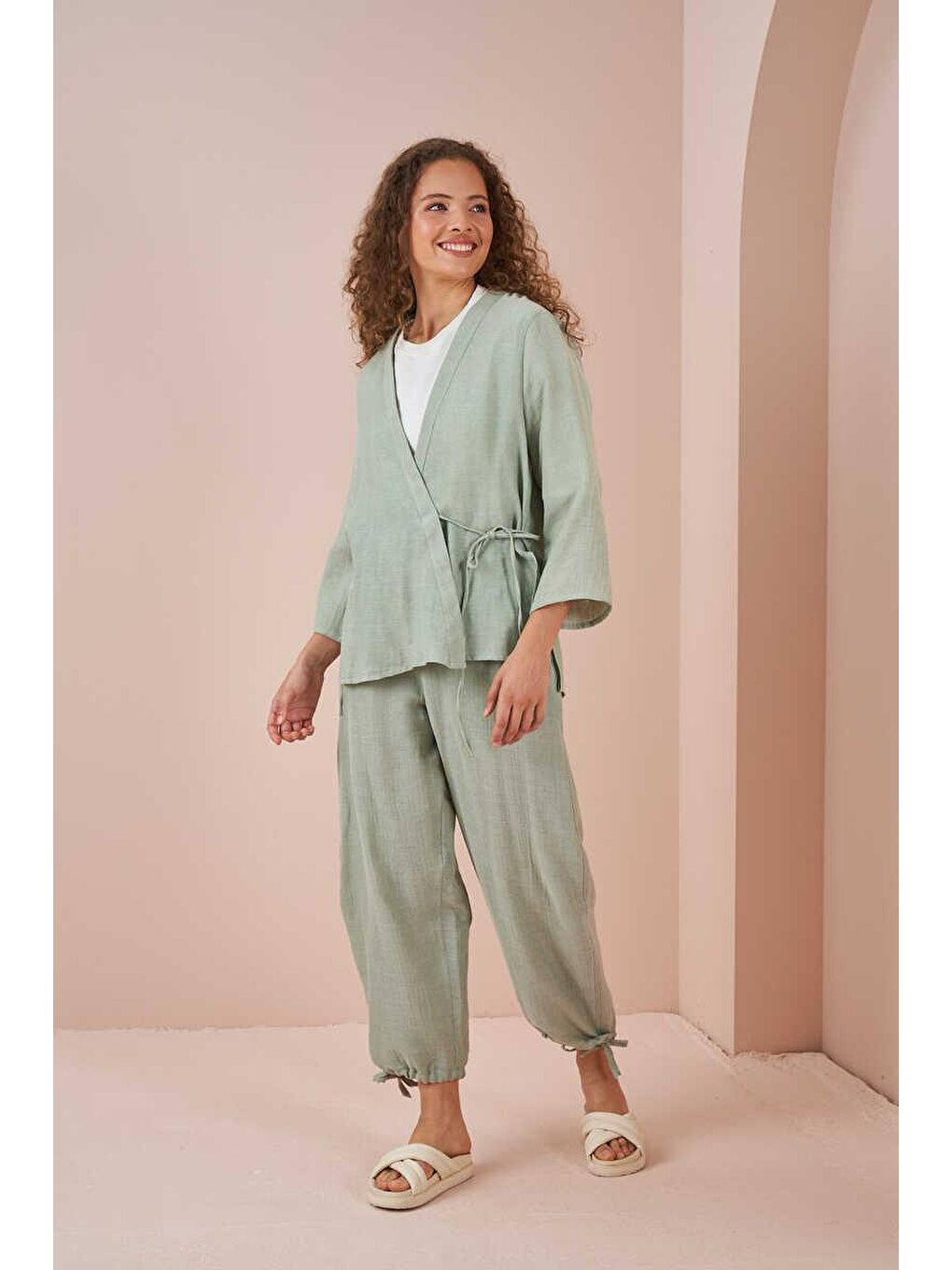 Turkuaz Kruvaze Kimono Müslin Bluz Yeşil-10