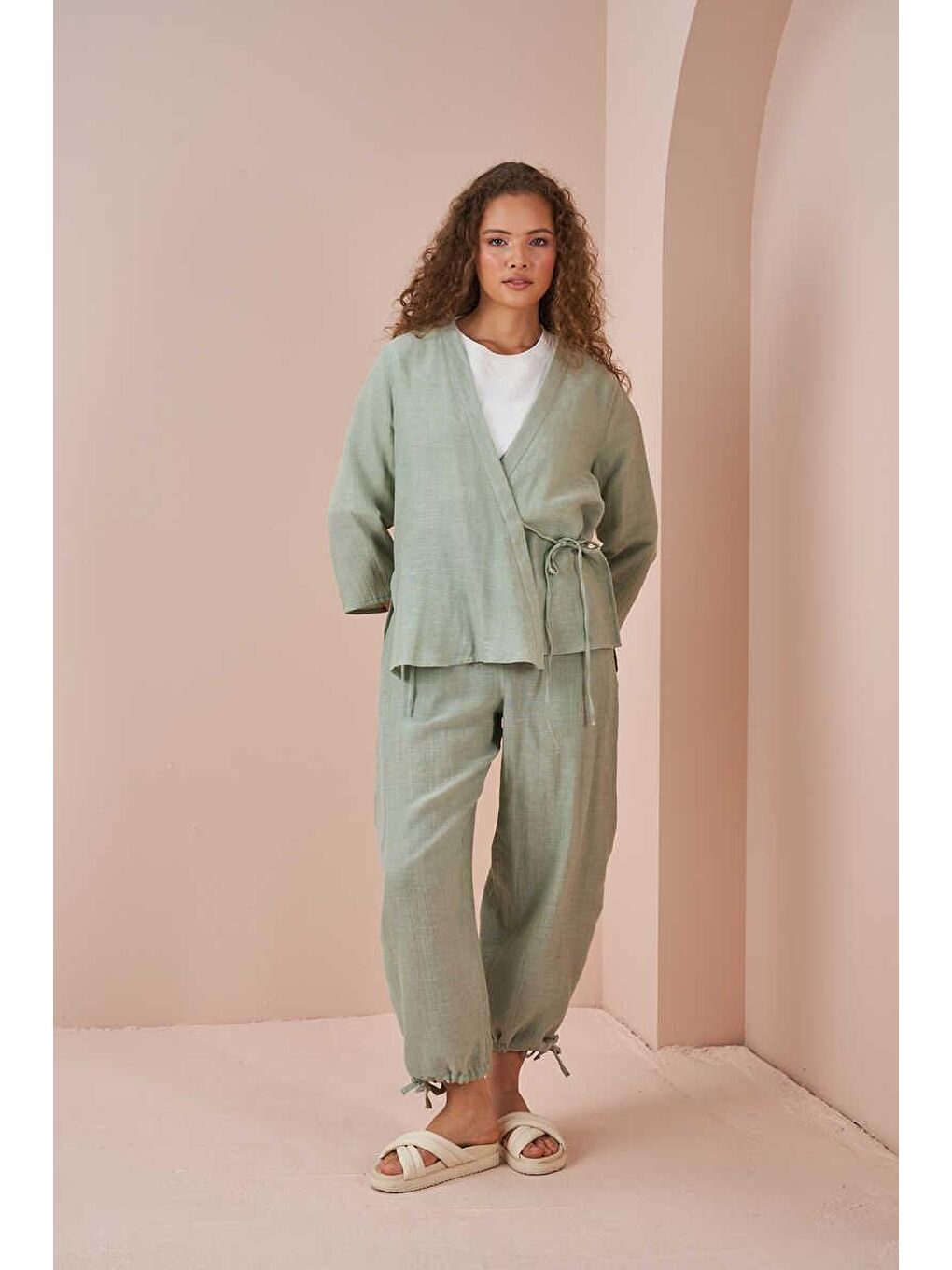 Turkuaz Kruvaze Kimono Müslin Bluz Yeşil-11