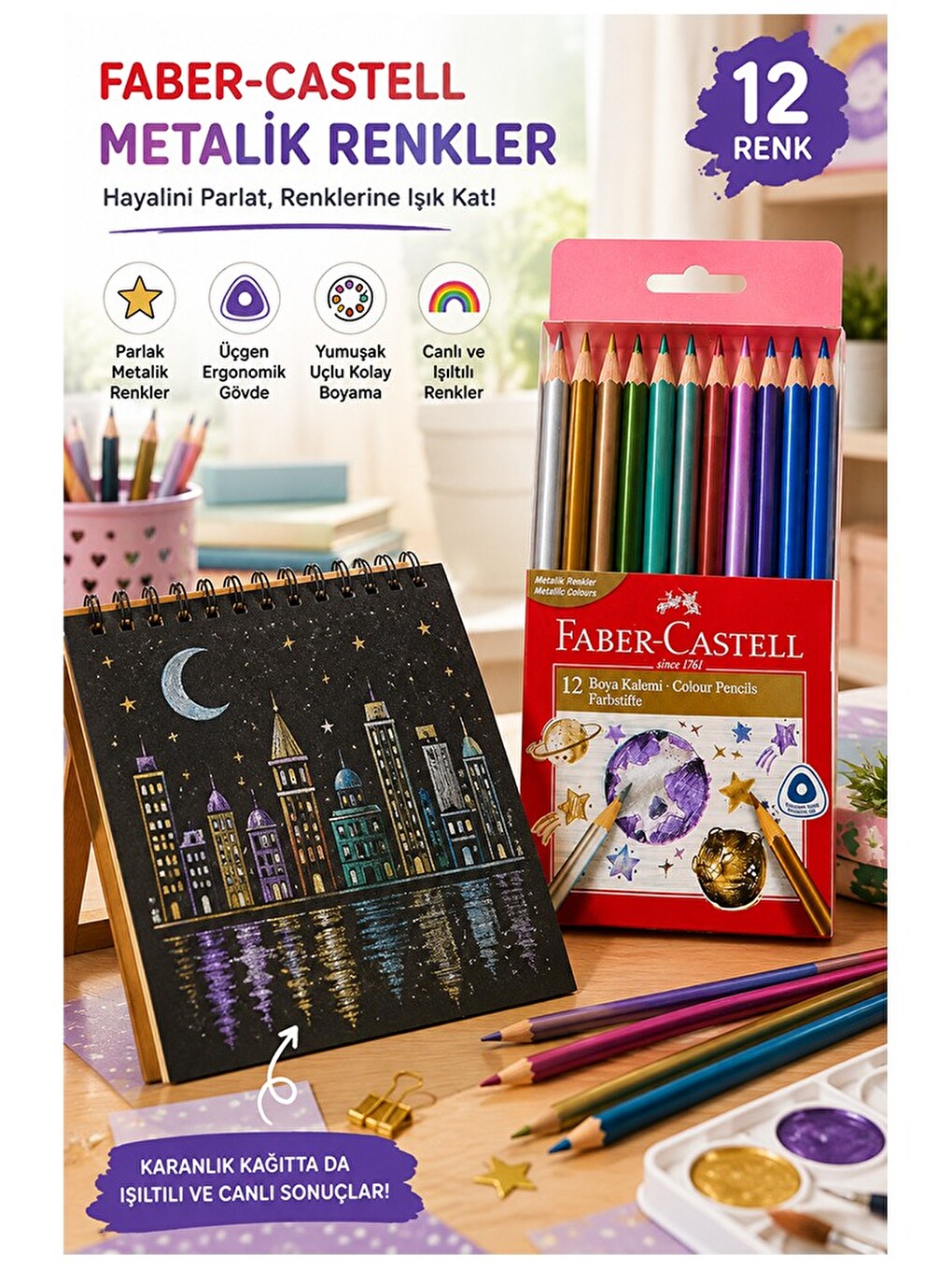 12 Li Kuru Boya Kalemi Metalik Renk 1 Paket Faber Castell 12 Renk Kuruboya Tam Boy-2