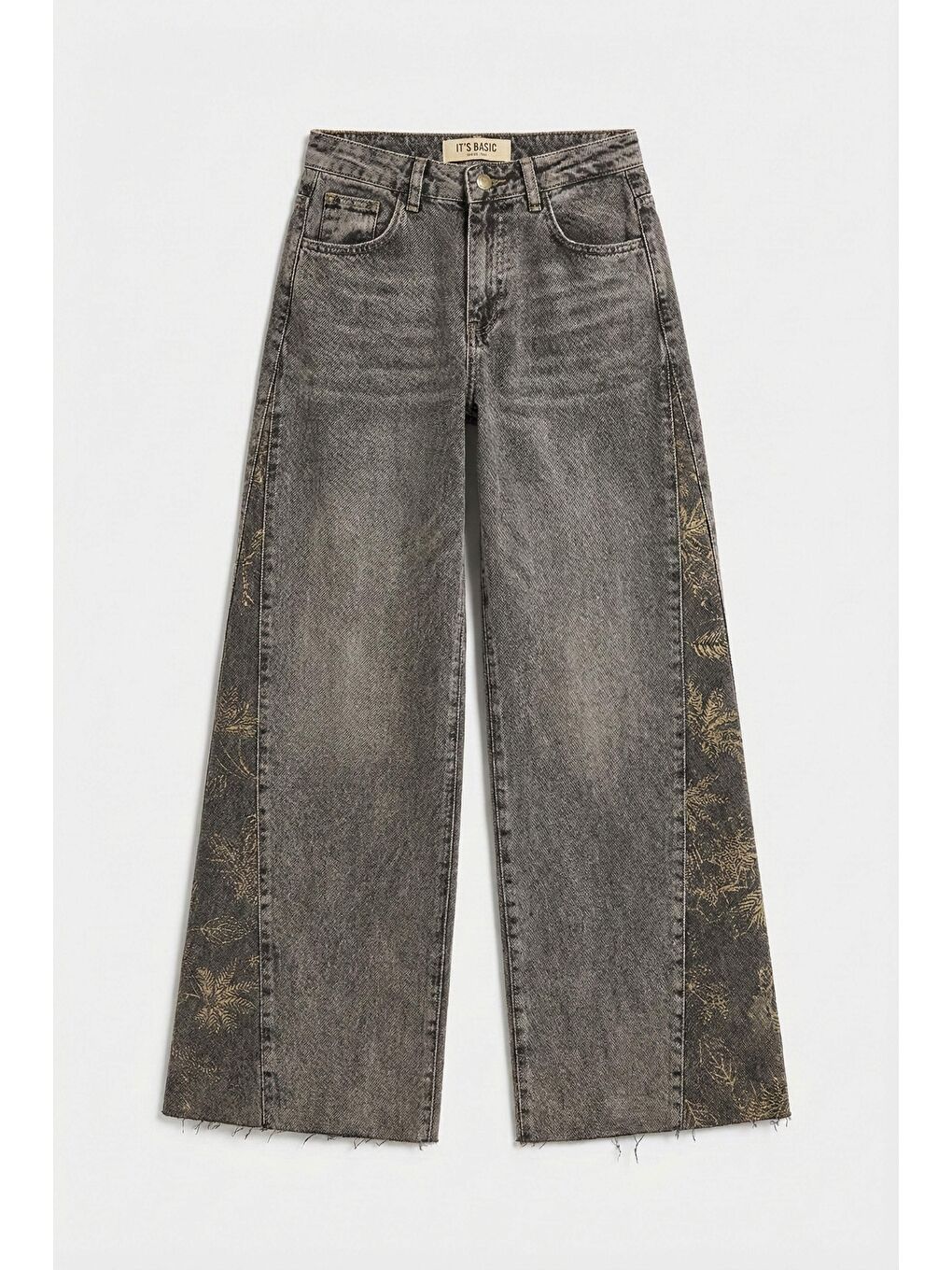 Kahverengi Kadın Kahve 4s6-16 Palazzo Fit Paça Desen Çiçek Nakışlı Özel Tasarım Denim Jean-2