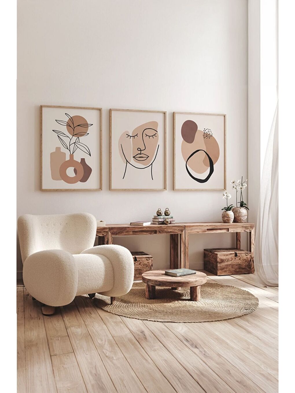 Beyaz Gerçek Ahşap Çerçeveli 3 Parça 3D Poster Tablo Seti - 3DARTSOHOSET87-1520