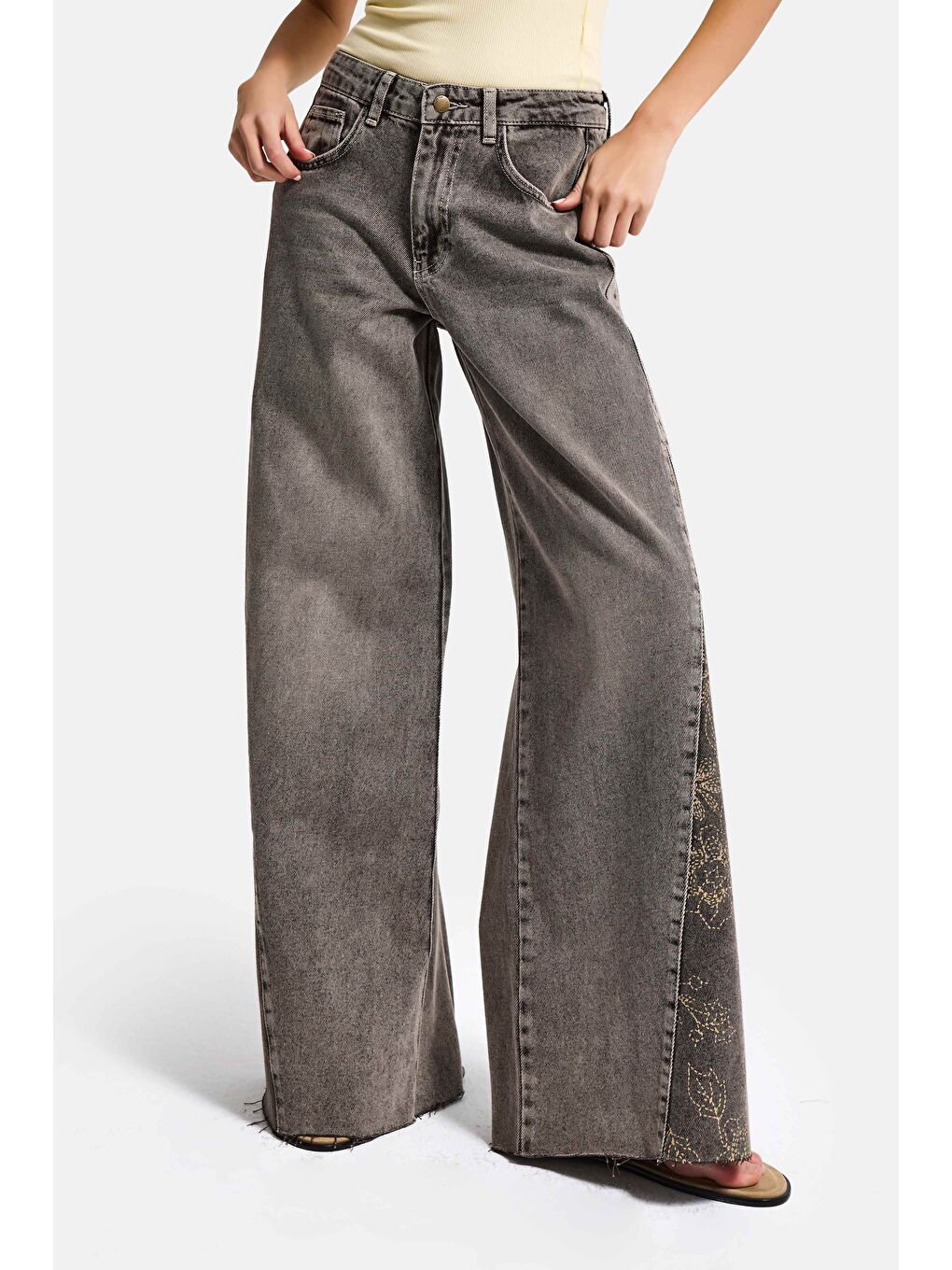 Kahverengi Kadın Kahve 4s6-16 Palazzo Fit Paça Desen Çiçek Nakışlı Özel Tasarım Denim Jean-3