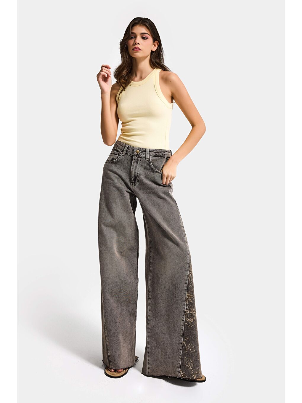 Kahverengi Kadın Kahve 4s6-16 Palazzo Fit Paça Desen Çiçek Nakışlı Özel Tasarım Denim Jean-5