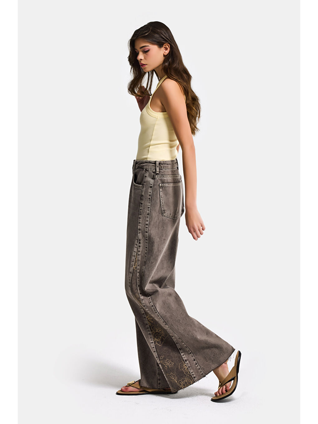 Kahverengi Kadın Kahve 4s6-16 Palazzo Fit Paça Desen Çiçek Nakışlı Özel Tasarım Denim Jean-6