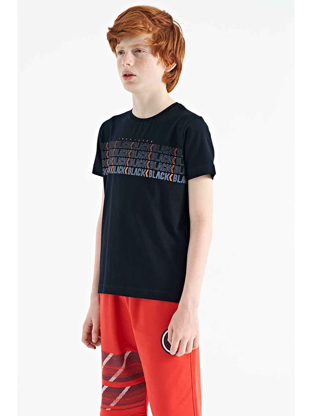 Lacivert Yazı Baskılı O Yaka Standart Kalıp Erkek Çocuk Tişört - 11149-4