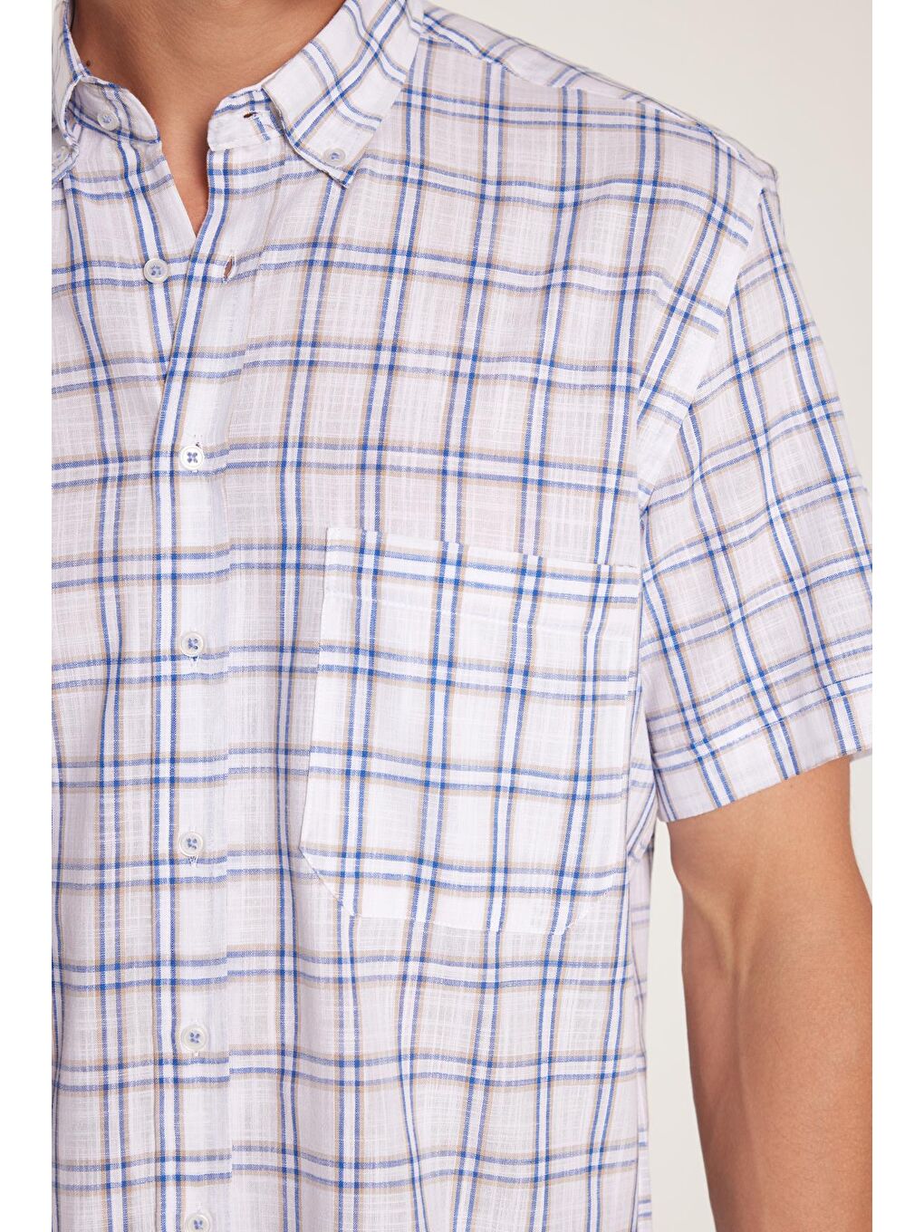 Karışık Erkek Regular Fit Klasik Kesim %100 Pamuk Keten Doku Cepli Kareli Kısa Kollu Düğmeli Yaka Gömlek-2